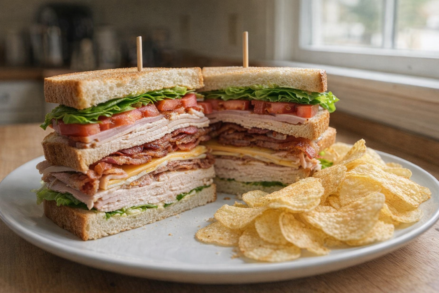 An eye-level shot of a fully assembled club sandwich, cut in half to reveal the layers, with a side of potato chips on a white plate, natural window lighting
